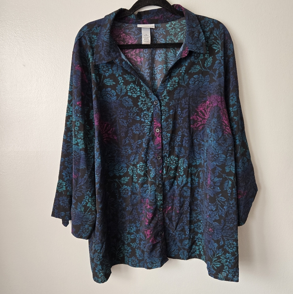 Catherines Floral Button Down Shirt Blouse Blue Purple Teal Size 2X